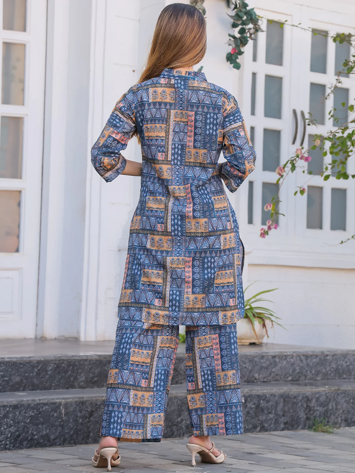Odette Blue Cotton Printed Stitched Co Ord Set for Women - Image 4