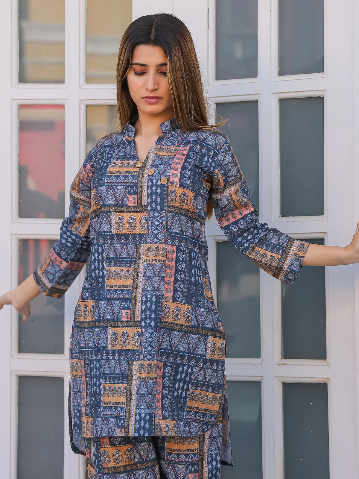 Odette Blue Cotton Printed Stitched Co Ord Set for Women - Image 5