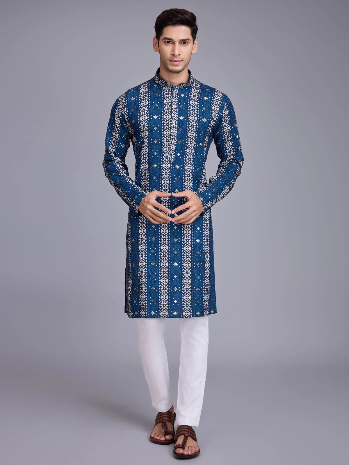 Odette Blue Rayon Printed Stitched Kurta For Men - Image 2