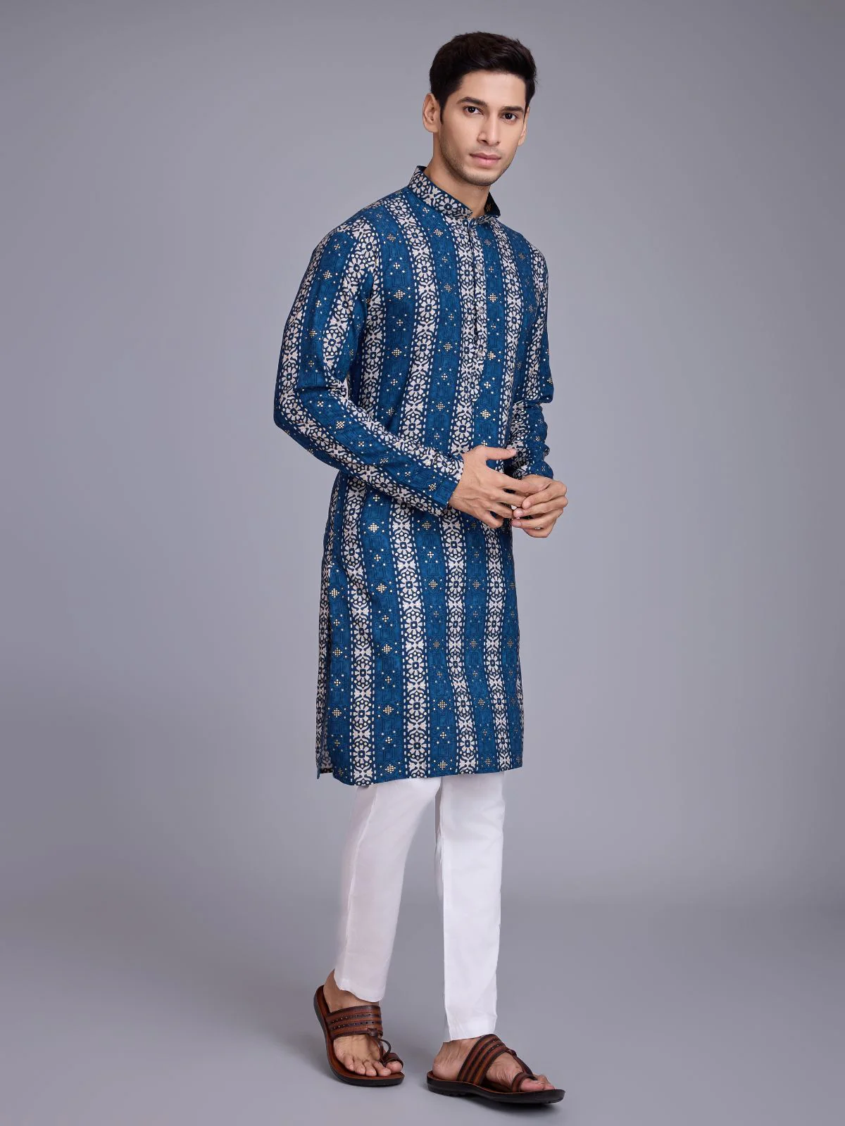 Odette Blue Rayon Printed Stitched Kurta For Men - Image 3