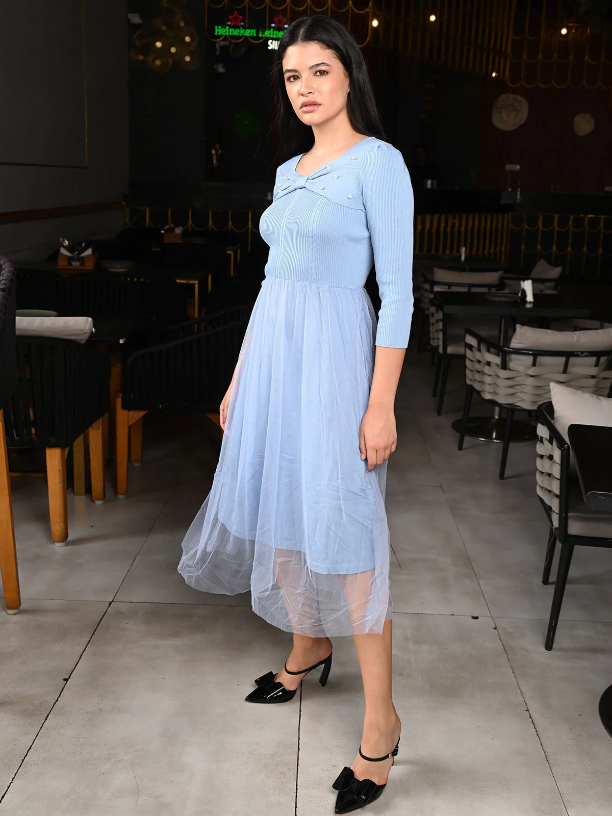 Odette Blue Rib and Net Patterned Dress For Women - Image 3