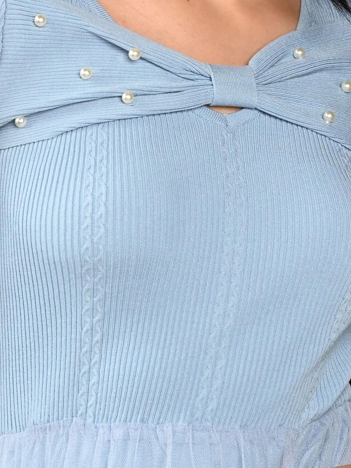 Odette Blue Rib and Net Patterned Dress For Women - Image 5