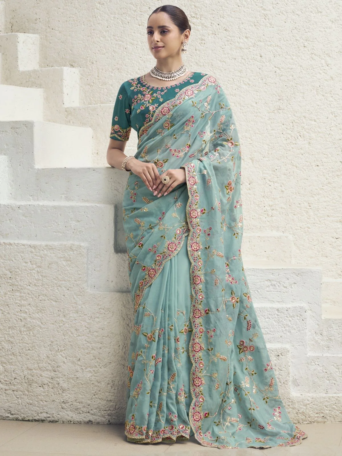 Odette Blue Organza Embroidered Saree With Unstitched Blouse For Women