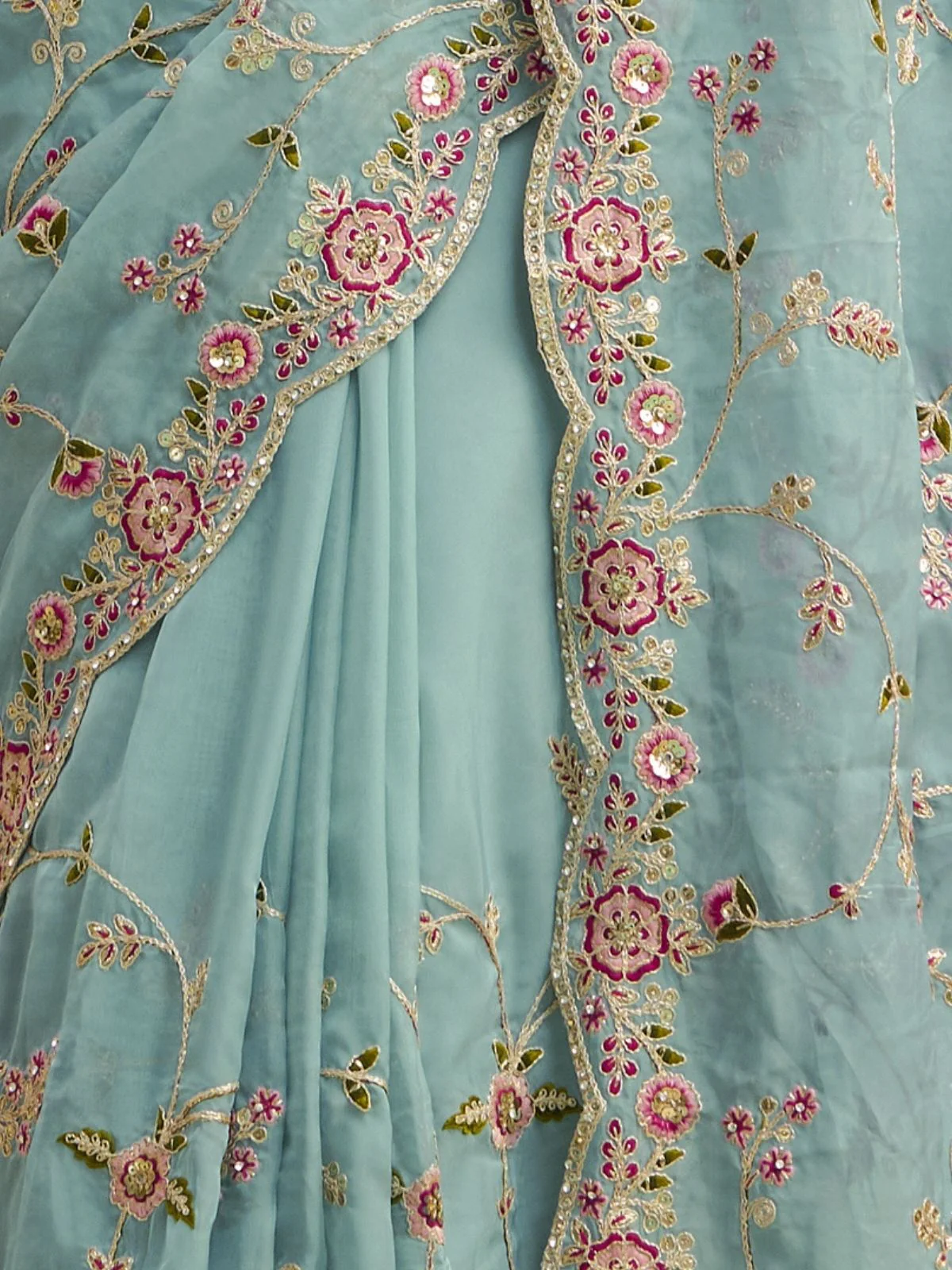 Odette Blue Organza Embroidered Saree With Unstitched Blouse For Women - Image 4