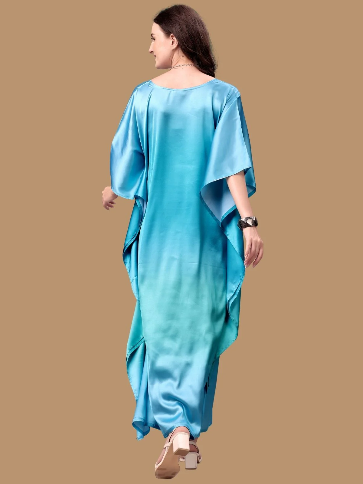 Odette Blue Satin Printed Kaftan For Women - Image 3