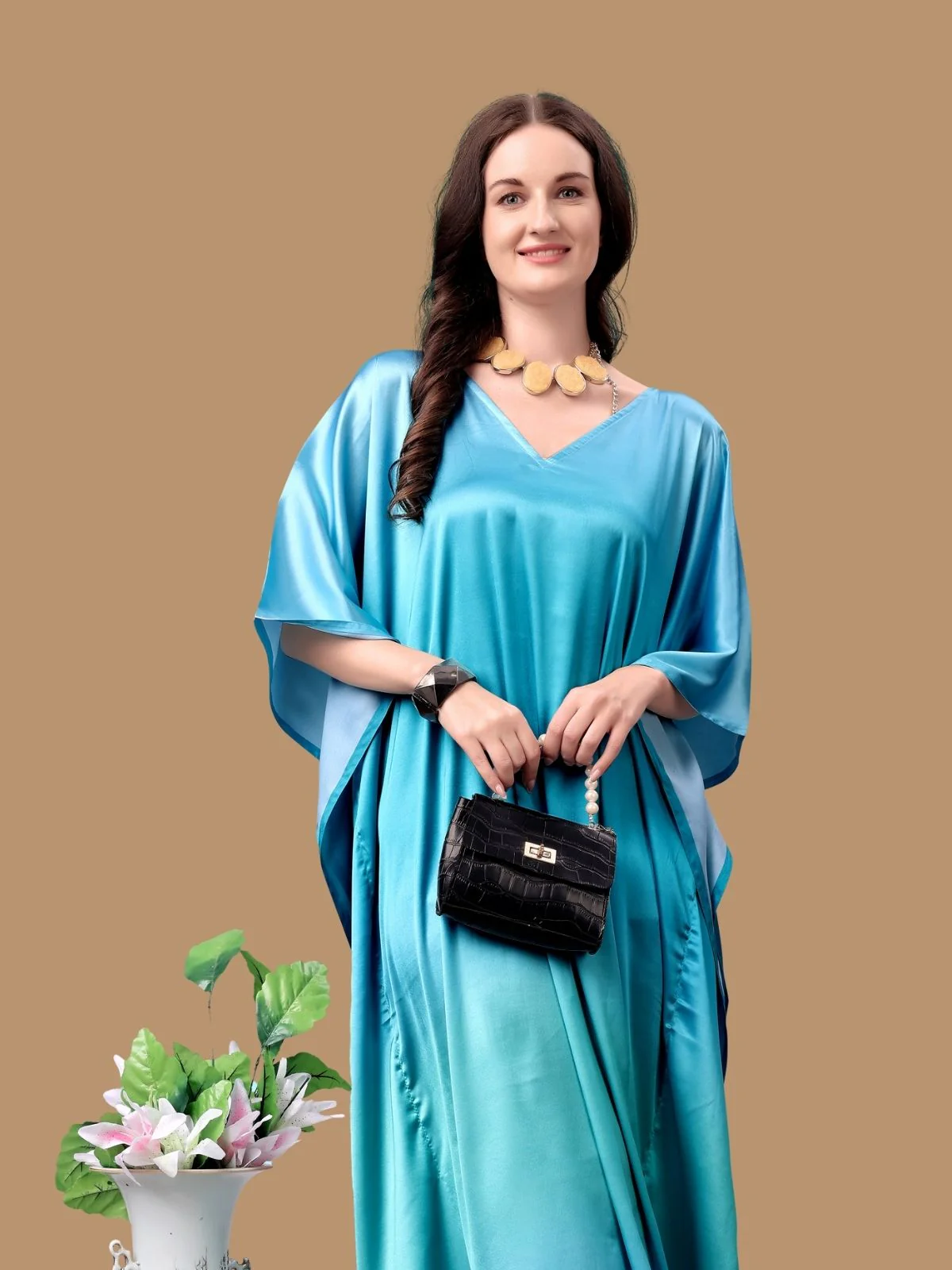 Odette Blue Satin Printed Kaftan For Women - Image 4