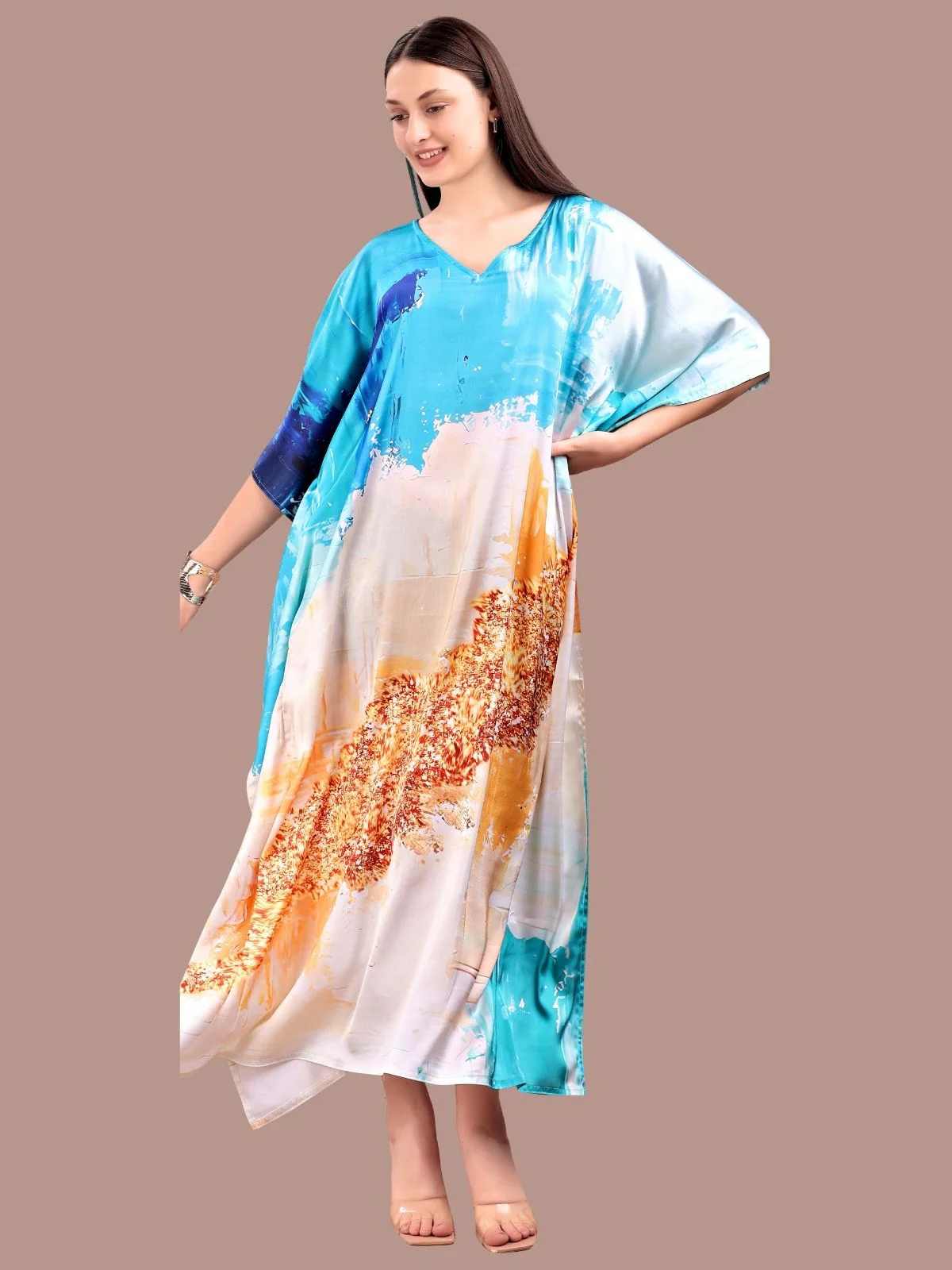 Odette Blue Satin Printed Kaftan For Women - Image 2