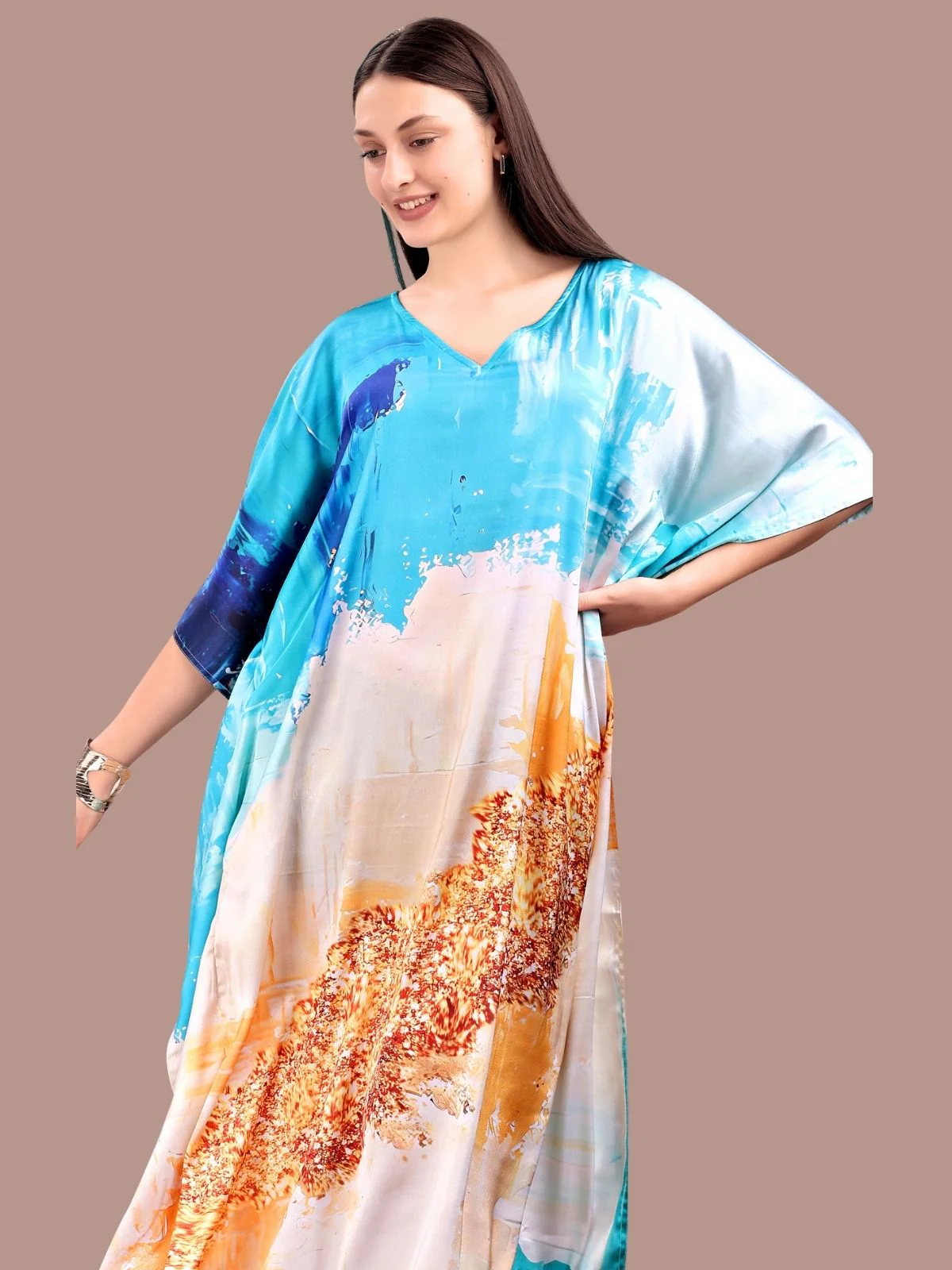 Odette Blue Satin Printed Kaftan For Women - Image 4