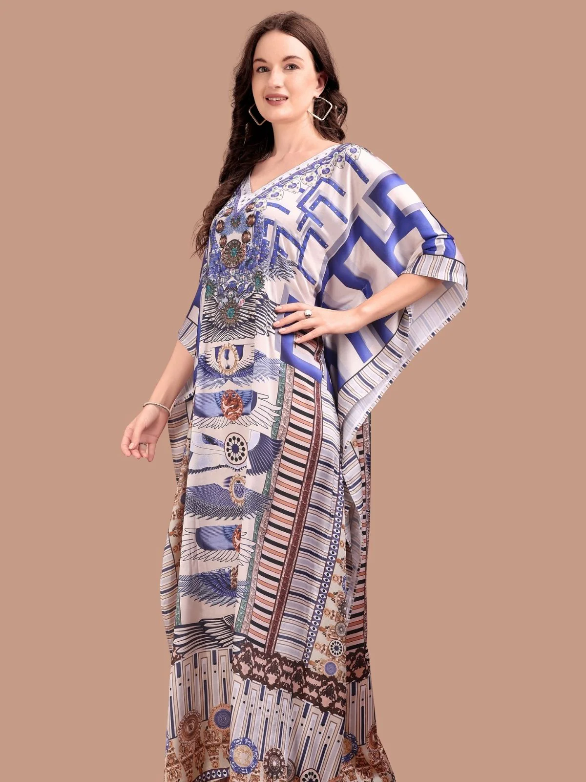 Odette Blue Satin Printed Kaftan For Women - Image 4