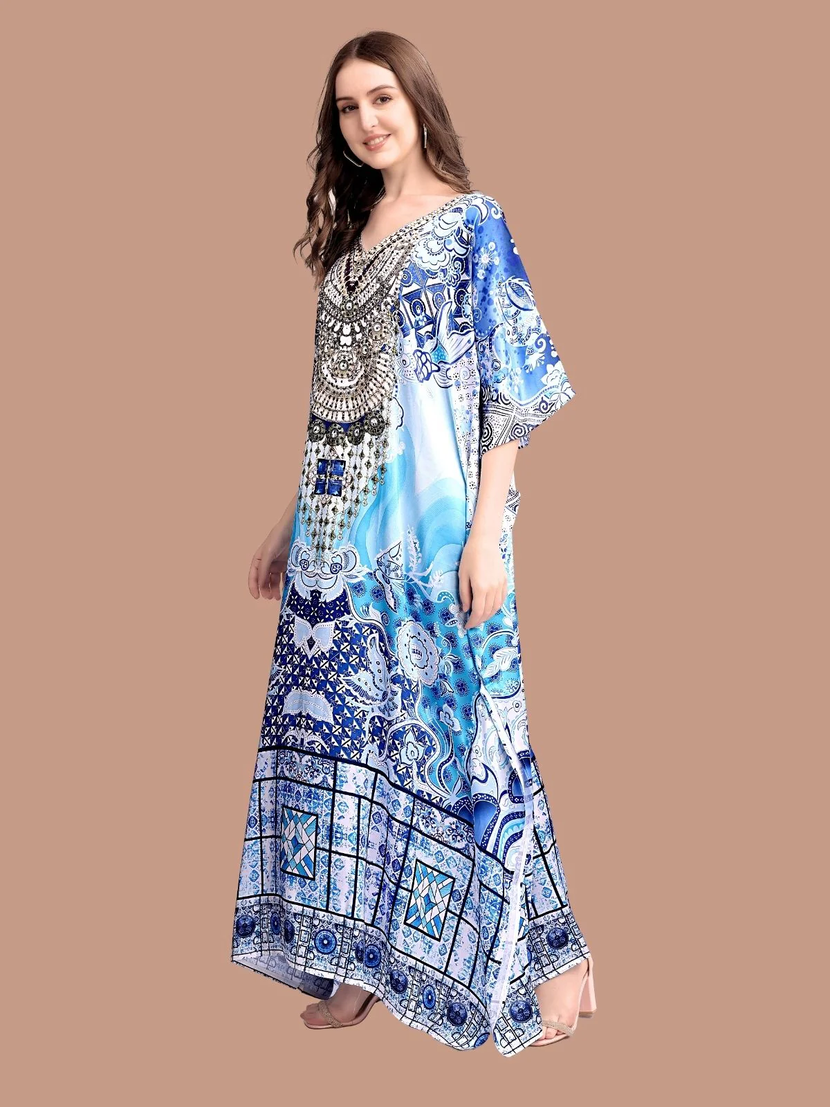 Odette Blue Satin Printed Kaftan For Women - Image 2