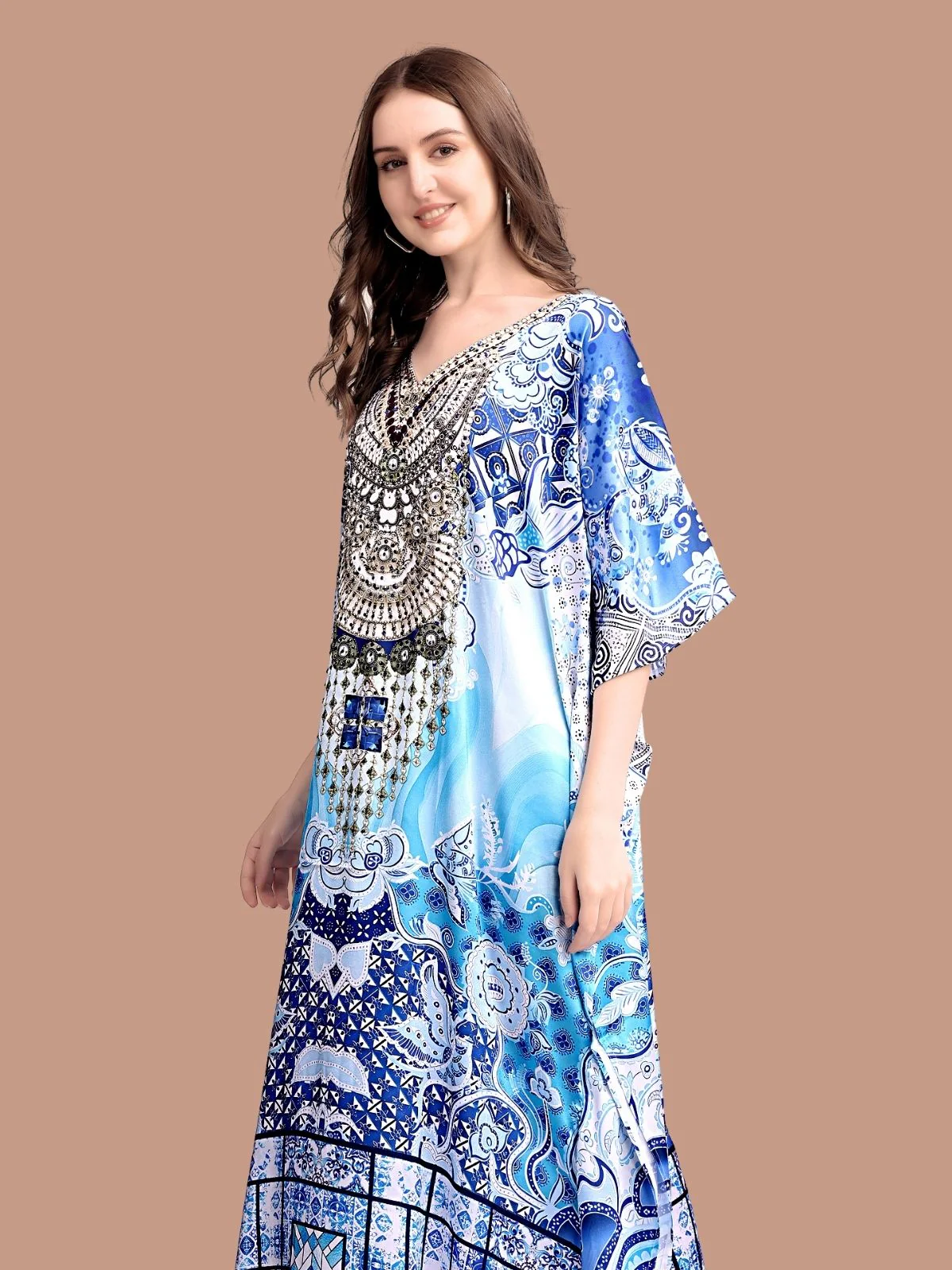Odette Blue Satin Printed Kaftan For Women - Image 4