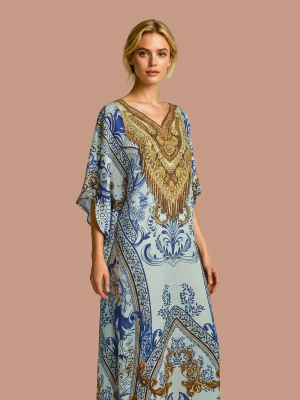 Odette Blue Satin Printed Kaftan For Women - Image 4