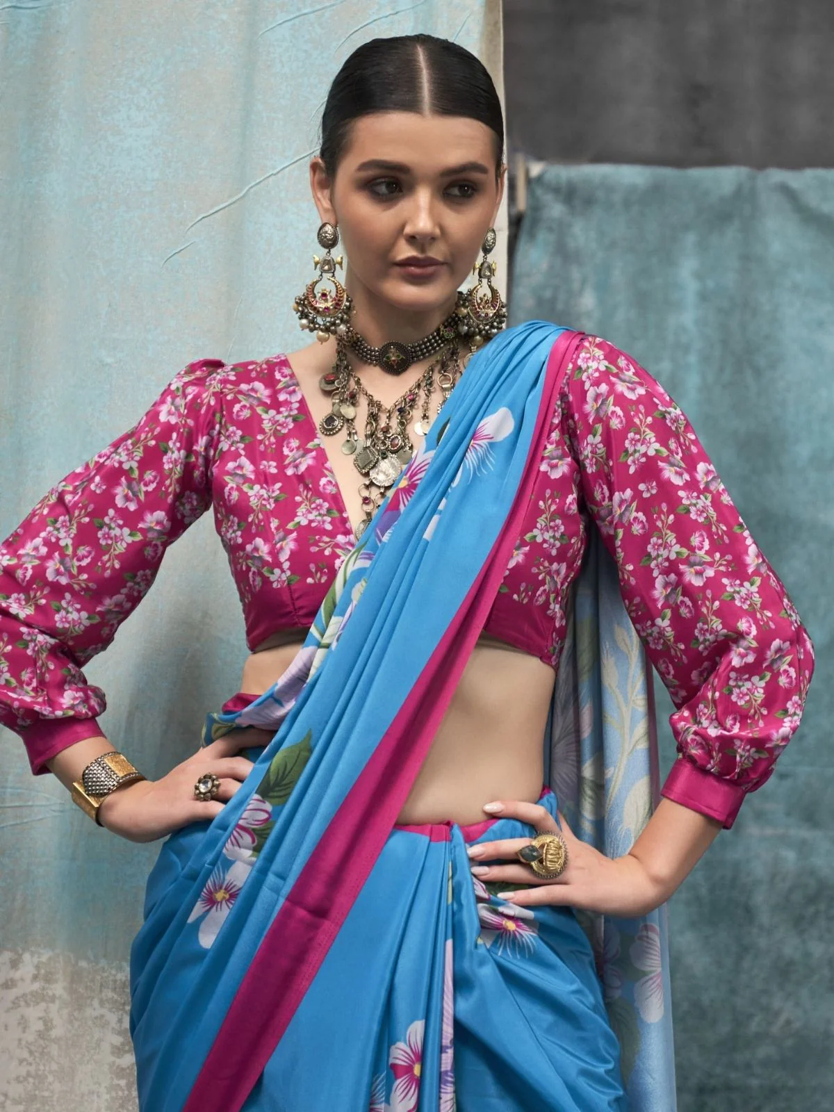Odette Blue Satin Printed Saree With Unstitched Blouse For Women - Image 2