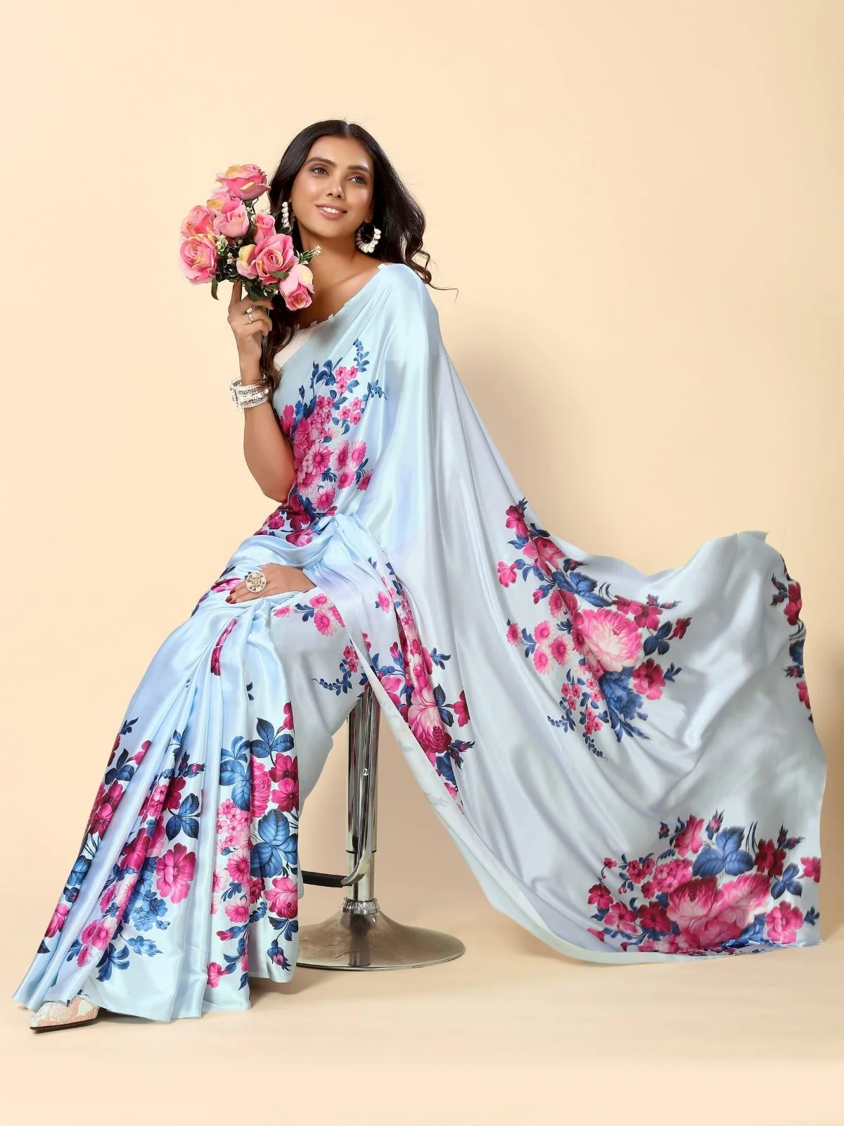 Odette Blue Satin Printed Saree With Unstitched Blouse For Women - Image 2