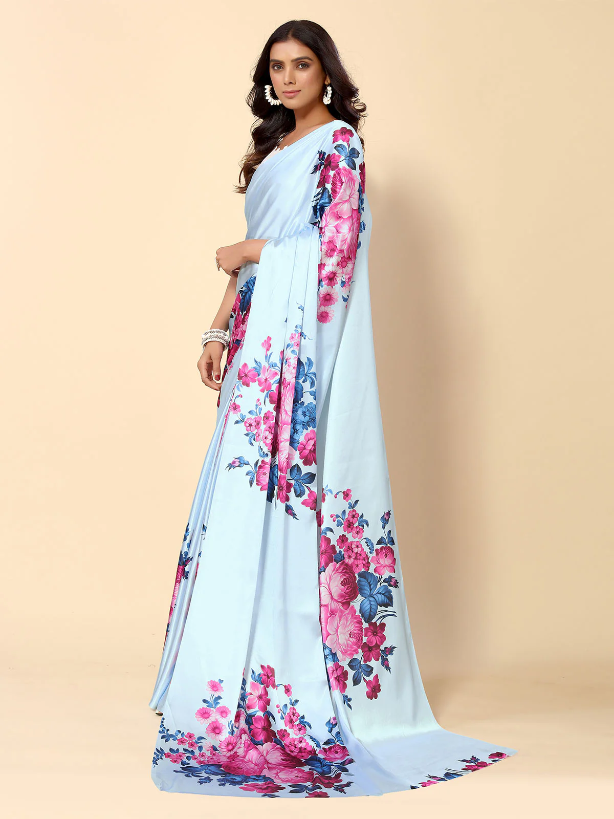 Odette Blue Satin Printed Saree With Unstitched Blouse For Women - Image 3