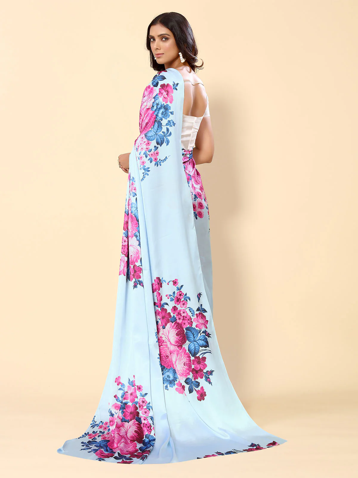 Odette Blue Satin Printed Saree With Unstitched Blouse For Women - Image 4