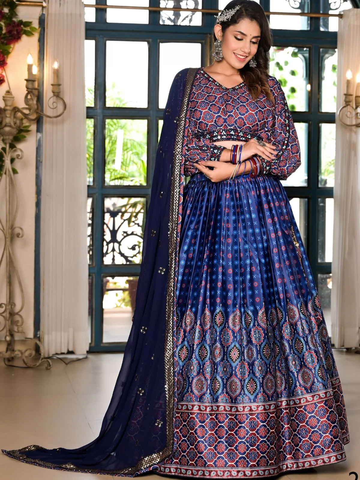 Odette Blue Satin Printed Stitched Lehenga Choli Set For Women - Image 2