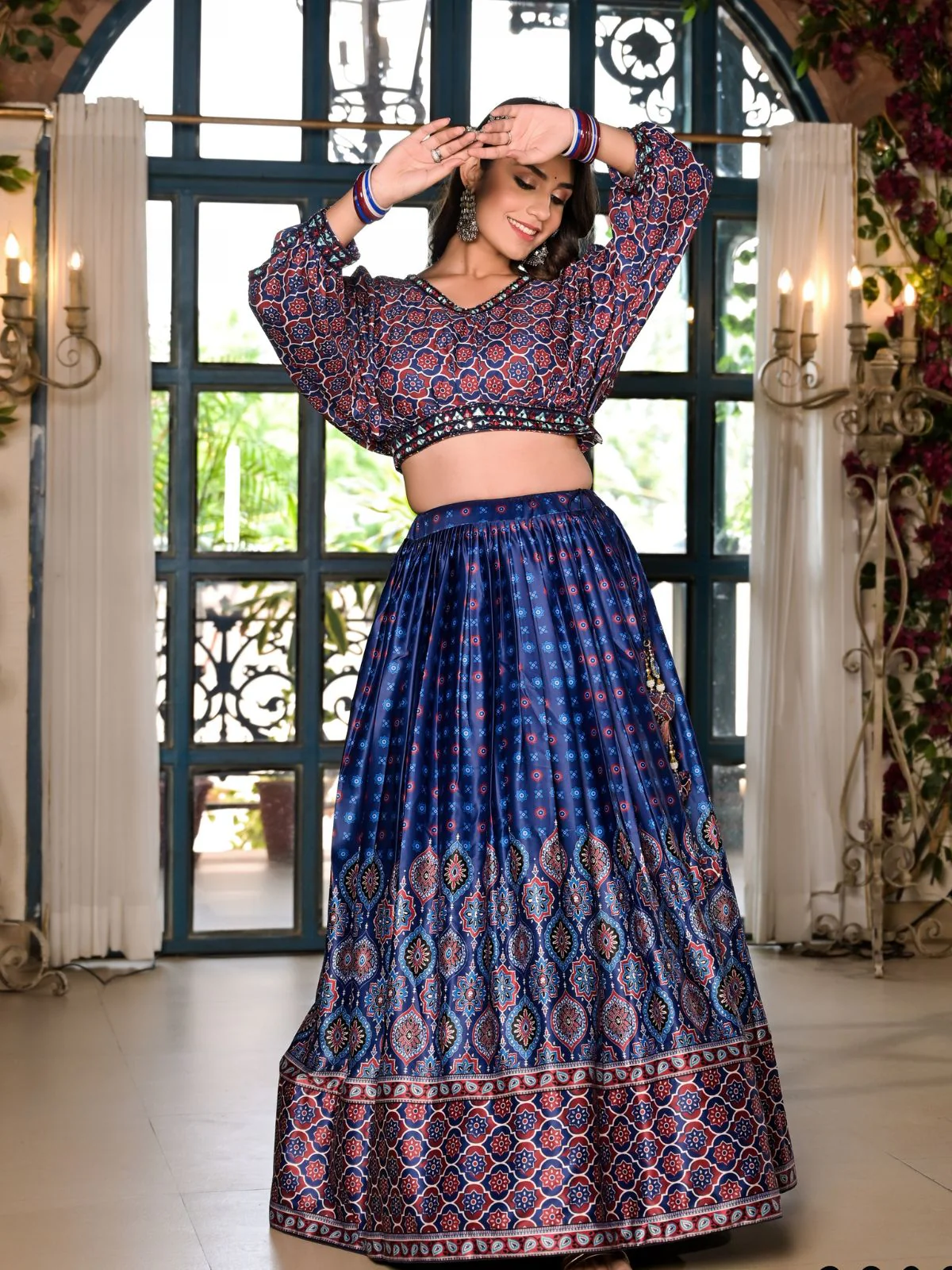 Odette Blue Satin Printed Stitched Lehenga Choli Set For Women - Image 3