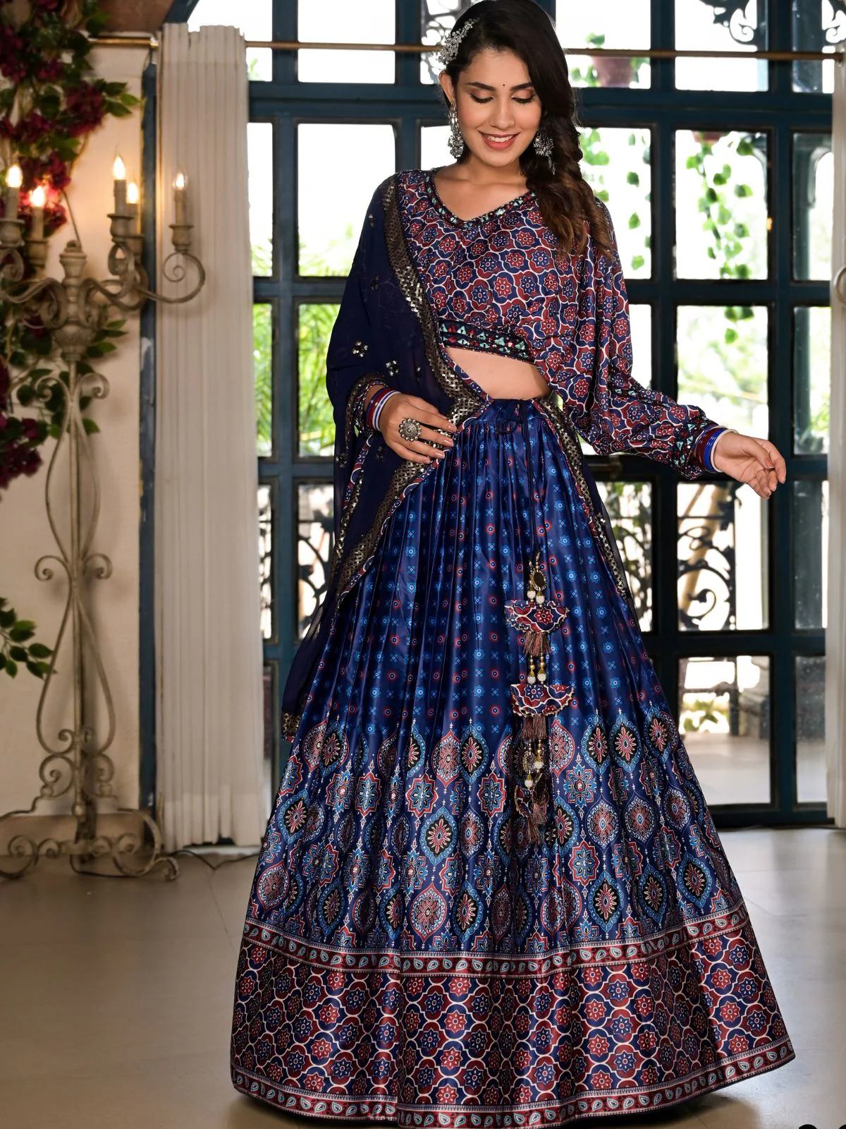 Odette Blue Satin Printed Stitched Lehenga Choli Set For Women - Image 4
