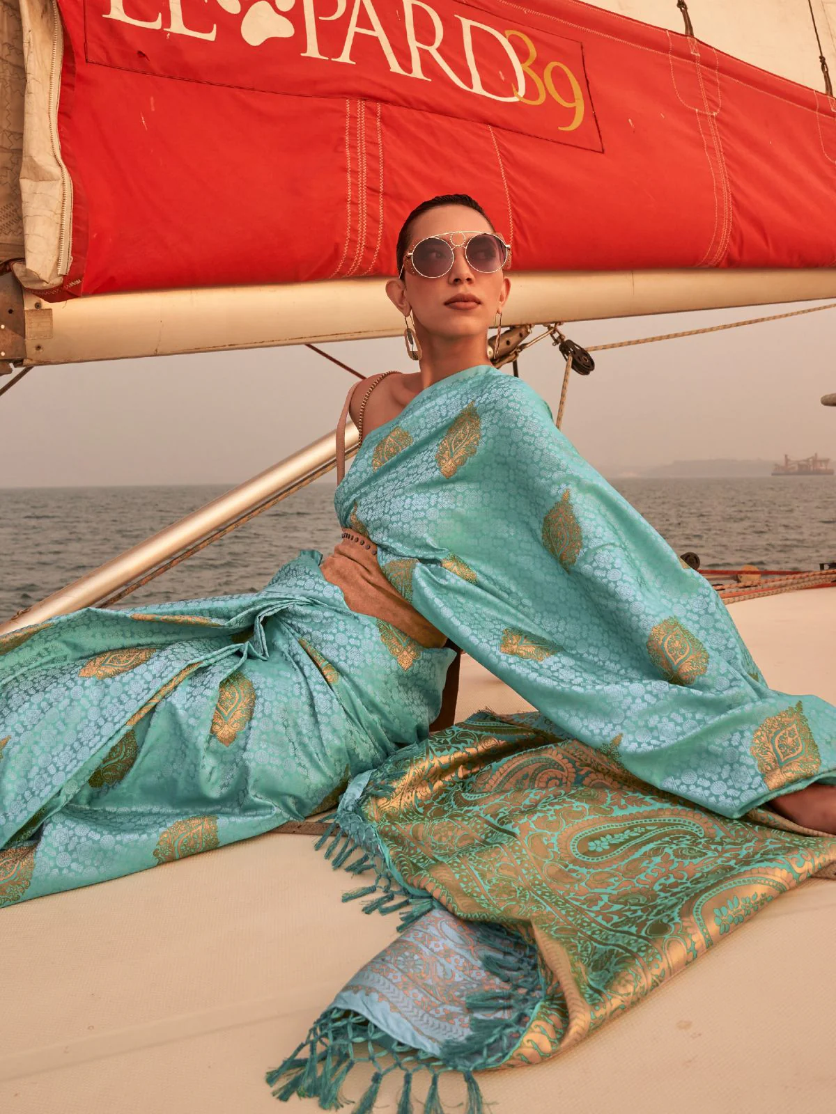 Odette Blue Satin Woven Saree With Unstitched Blouse for Women - Image 2