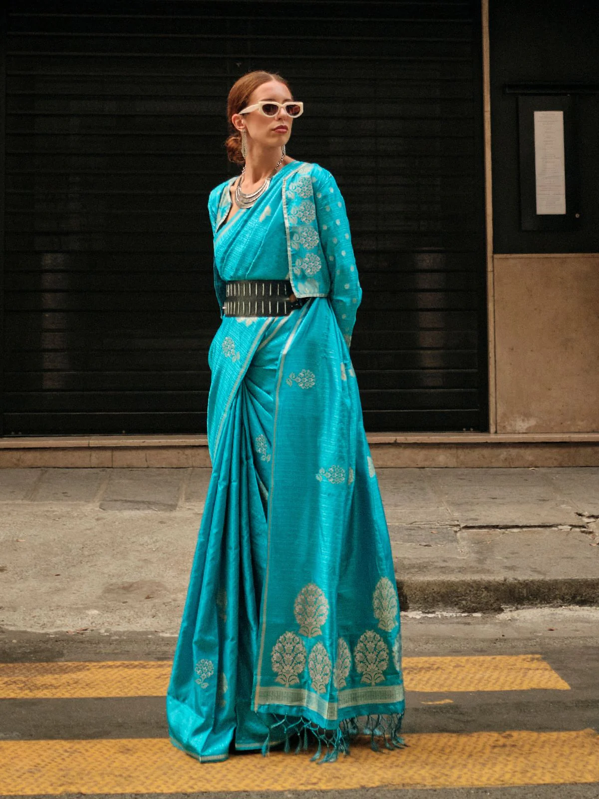 Odette Blue Satin Woven Saree With Unstitched Blouse For Women