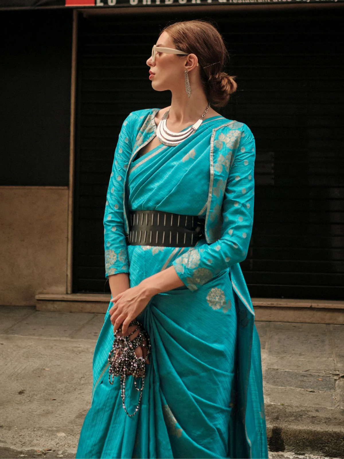 Odette Blue Satin Woven Saree With Unstitched Blouse For Women - Image 2