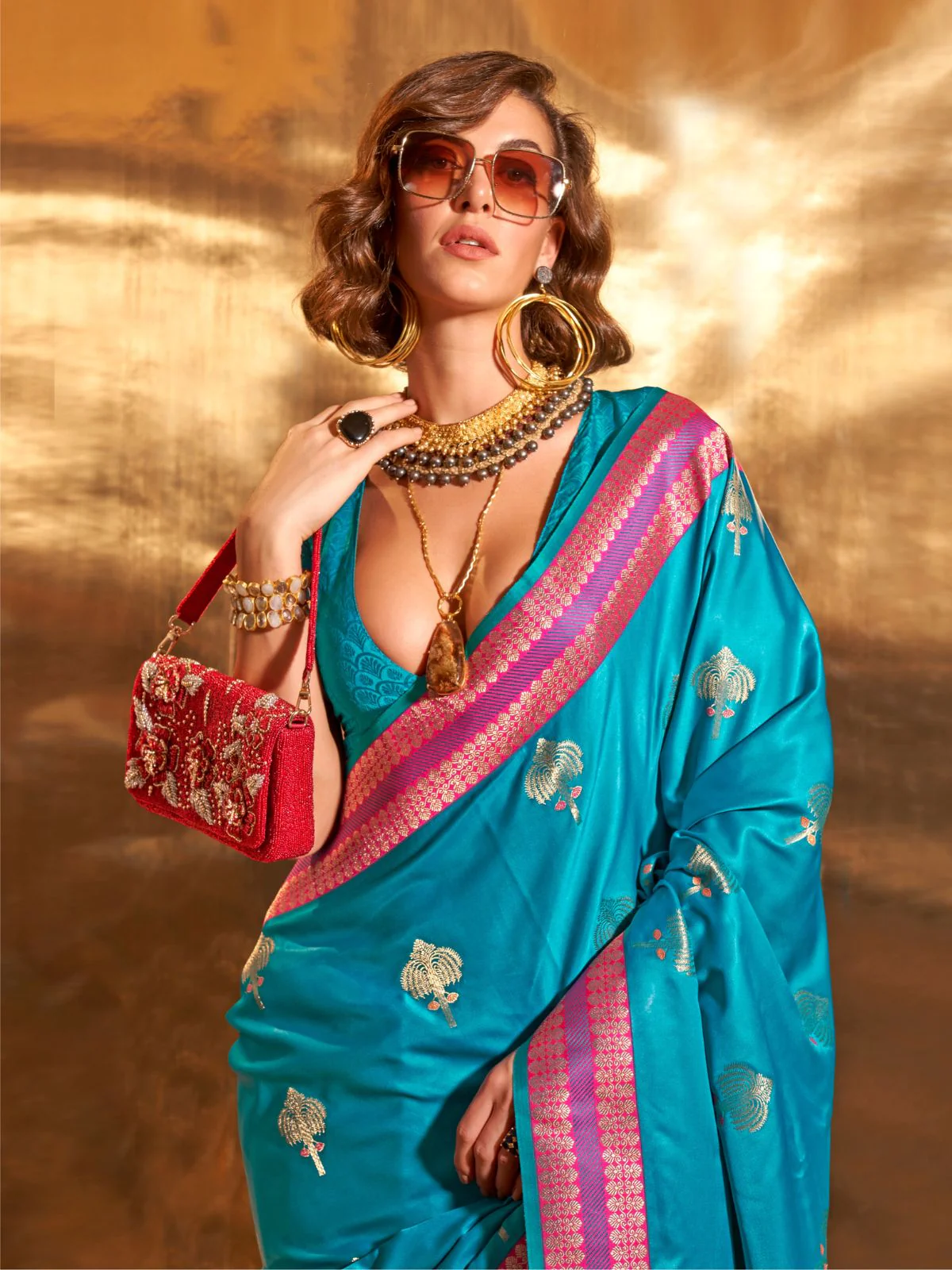 Odette Blue Satin Woven Saree With Unstitched Blouse For Women - Image 2