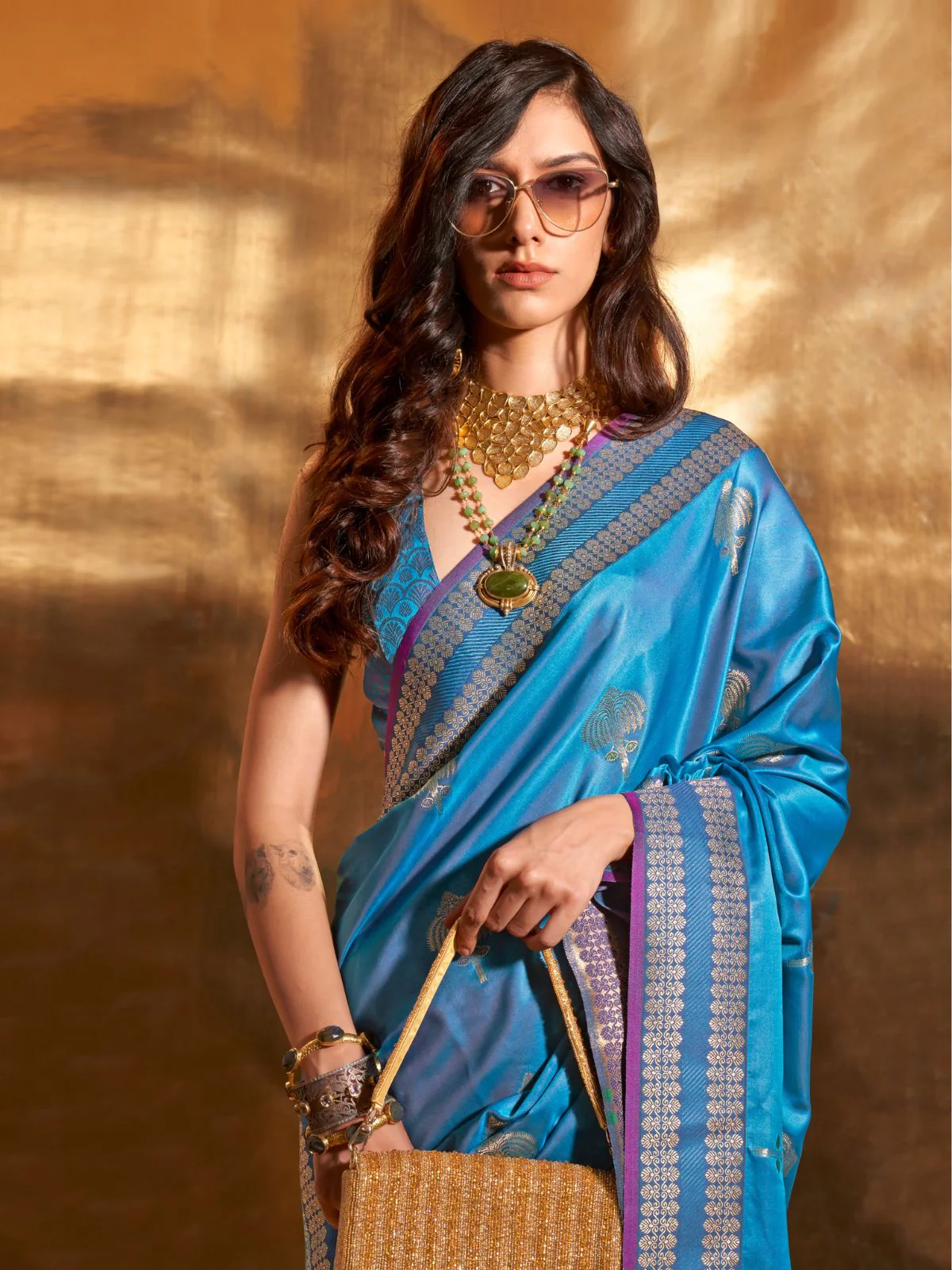 Odette Blue Satin Woven Saree With Unstitched Blouse For Women - Image 2