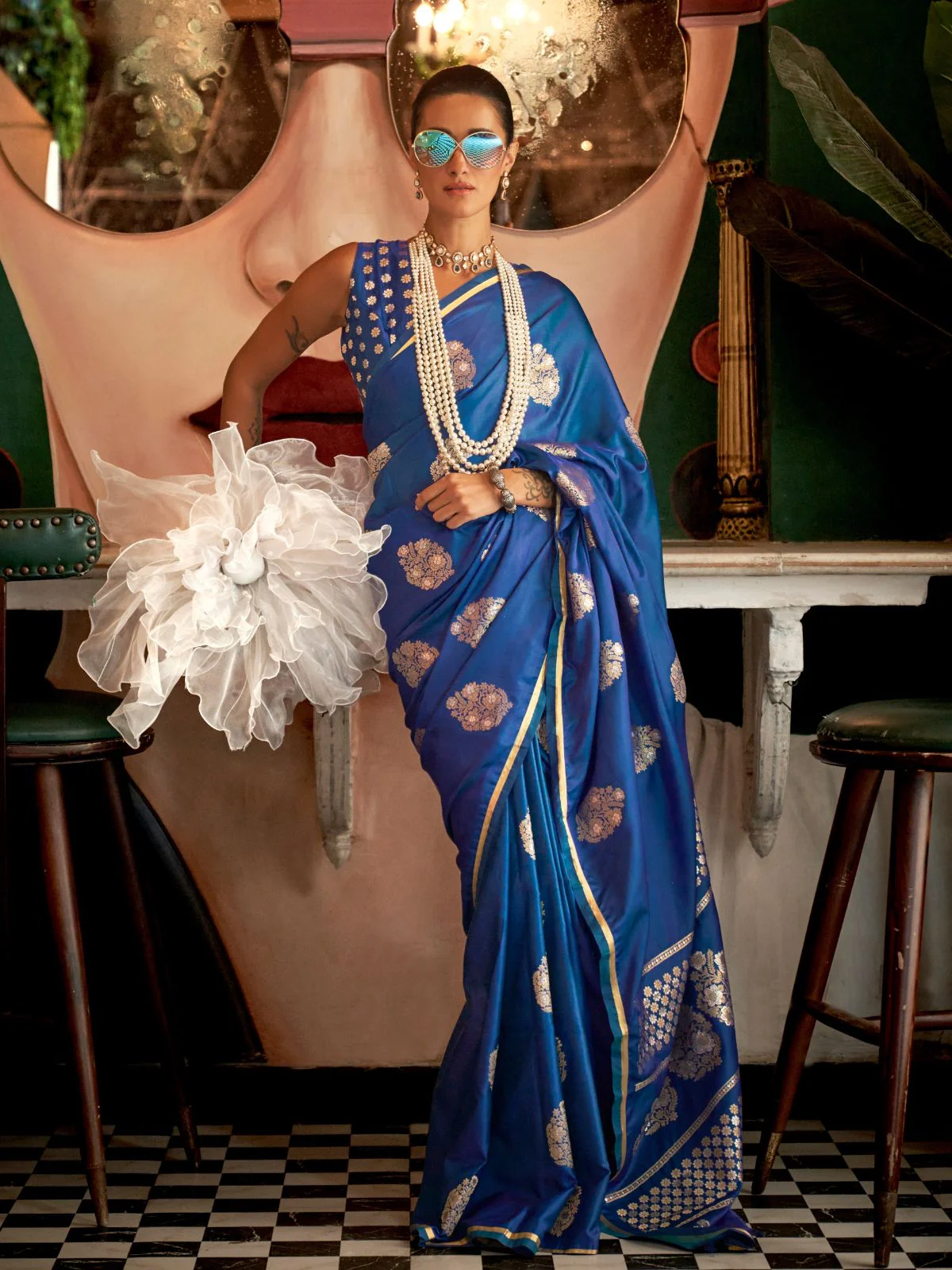 Odette Blue Satin Woven Saree With Unstitched Blouse For Women