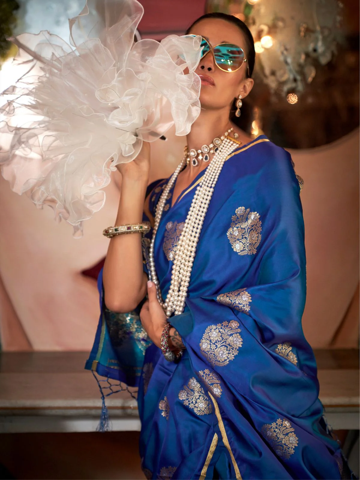 Odette Blue Satin Woven Saree With Unstitched Blouse For Women - Image 2