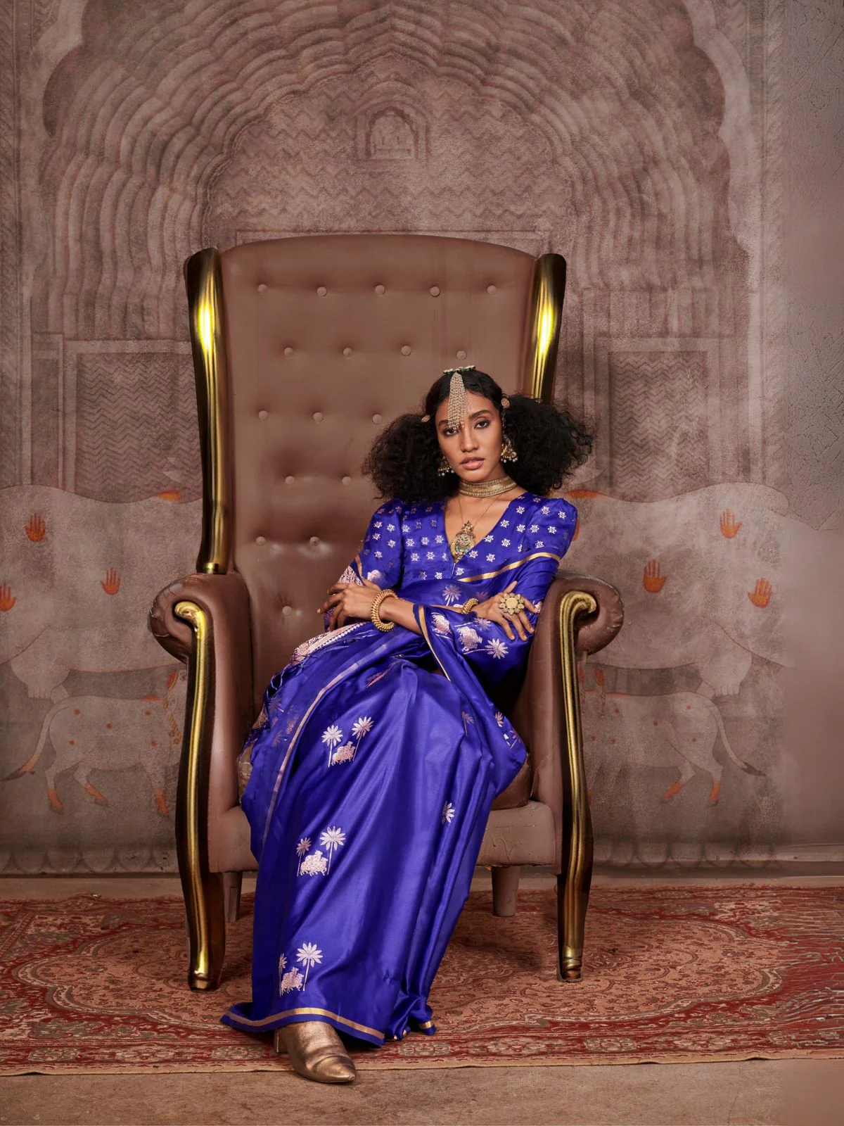 Odette Blue Satin Woven Saree With Unstitched Blouse For Women - Image 2