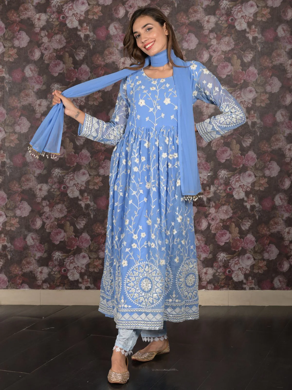 Odette Blue Sequins Embroidered Stitched Flared Georgette Kurta Set for Women - Image 2