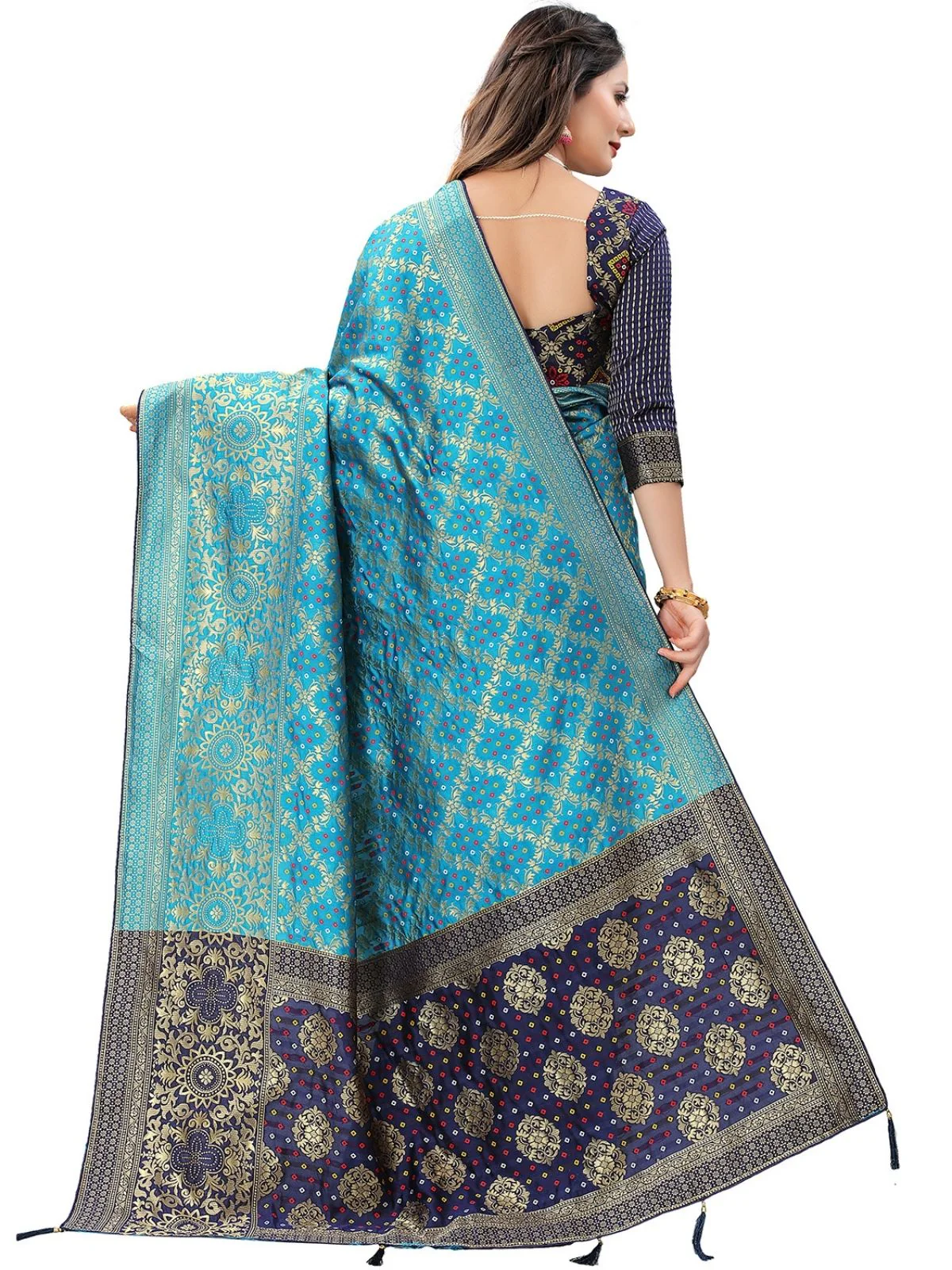 Odette Blue Silk Blend Embellished Saree For Women - Image 3