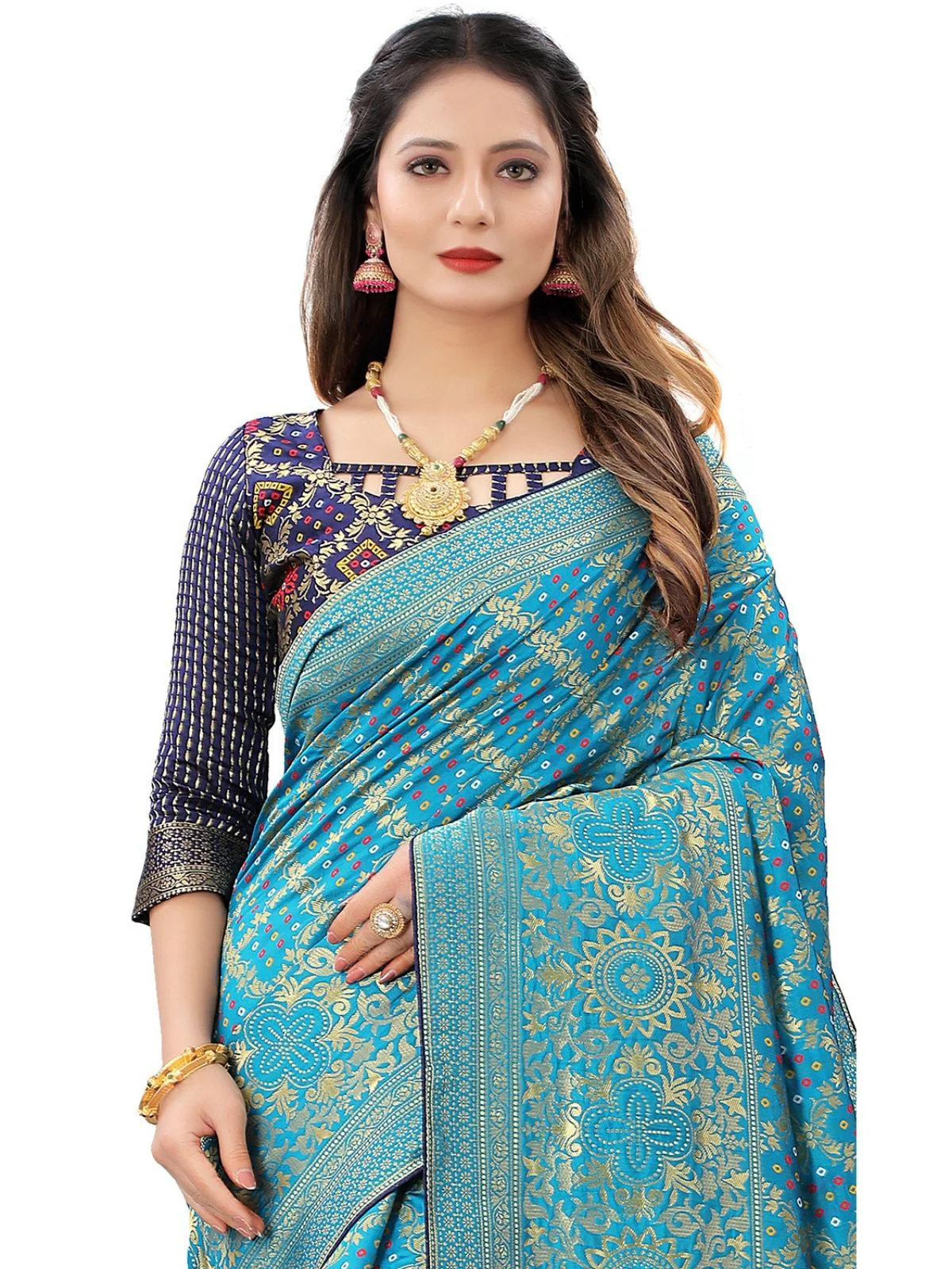 Odette Blue Silk Blend Embellished Saree For Women - Image 4