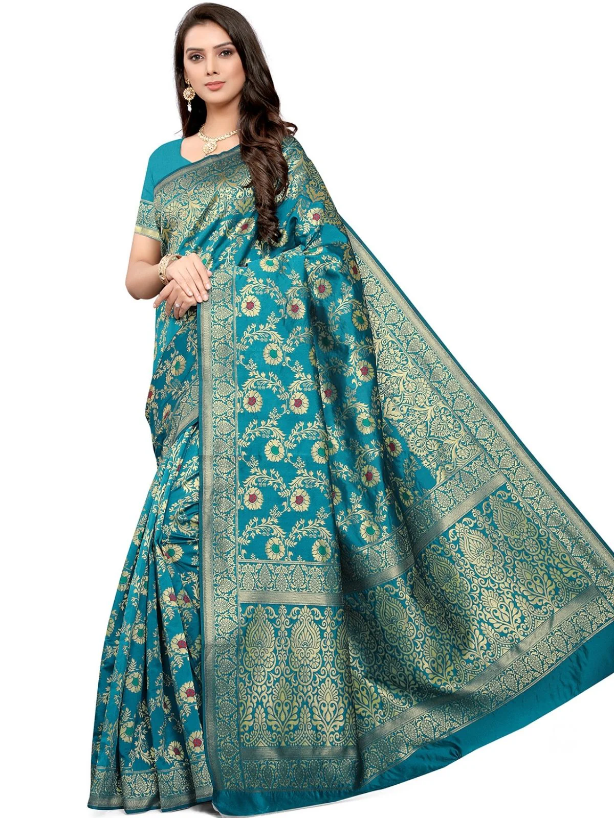 Odette Blue Silk Blend Embellished Saree For Women - Image 2