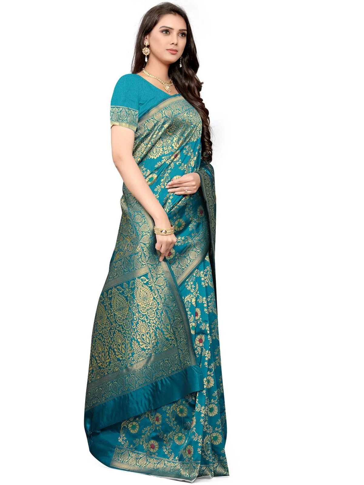 Odette Blue Silk Blend Embellished Saree For Women - Image 3