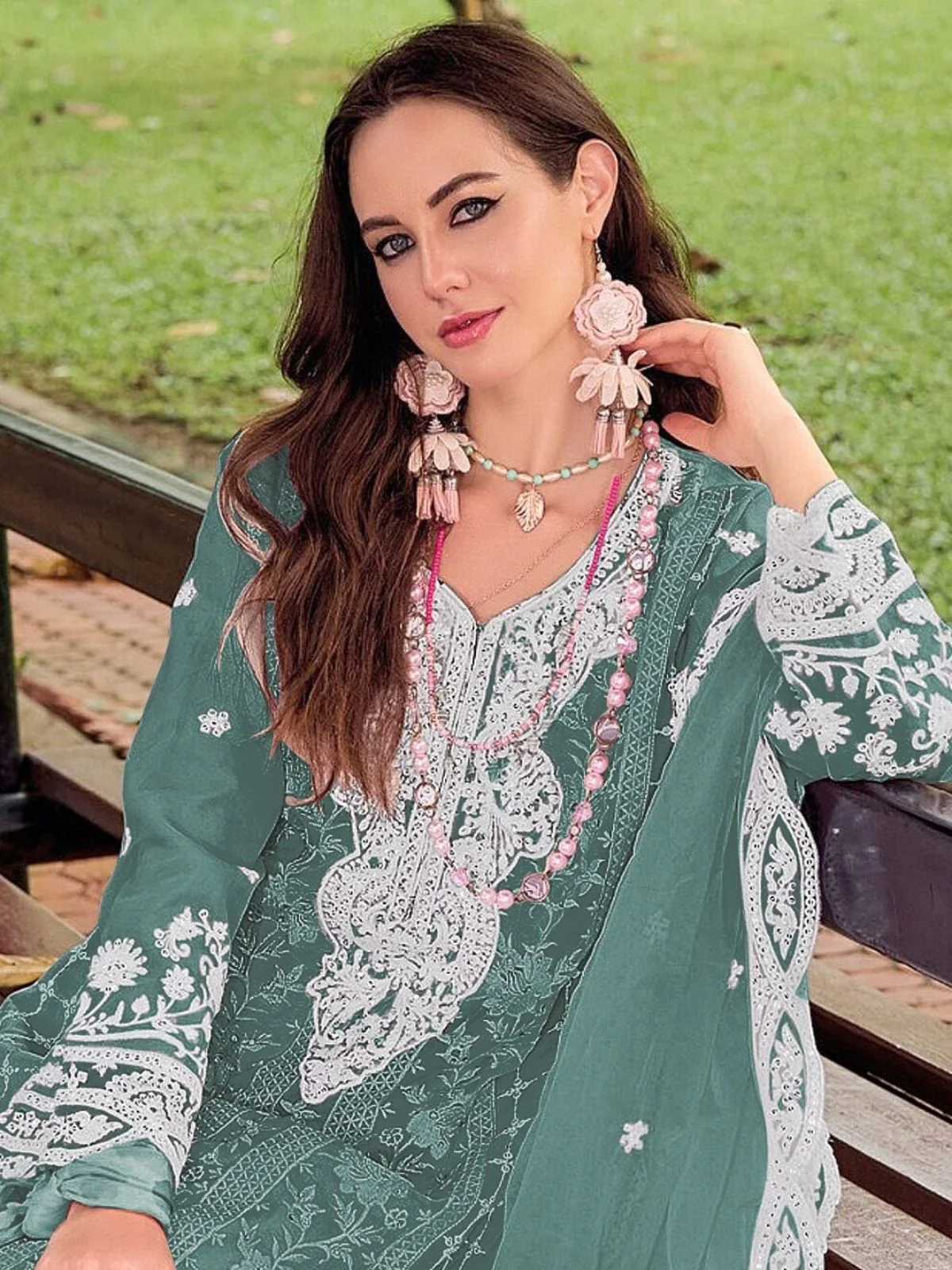 Odette Blue Silk Blend Embellished Semi Stitched Kurta Set For Women - Image 2
