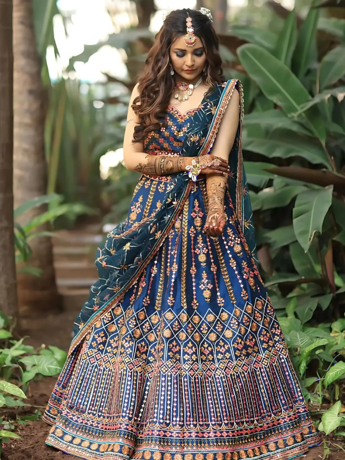 Odette Blue Silk Blend Embroidered Semi-Stitched lehenga For Women - Image 2