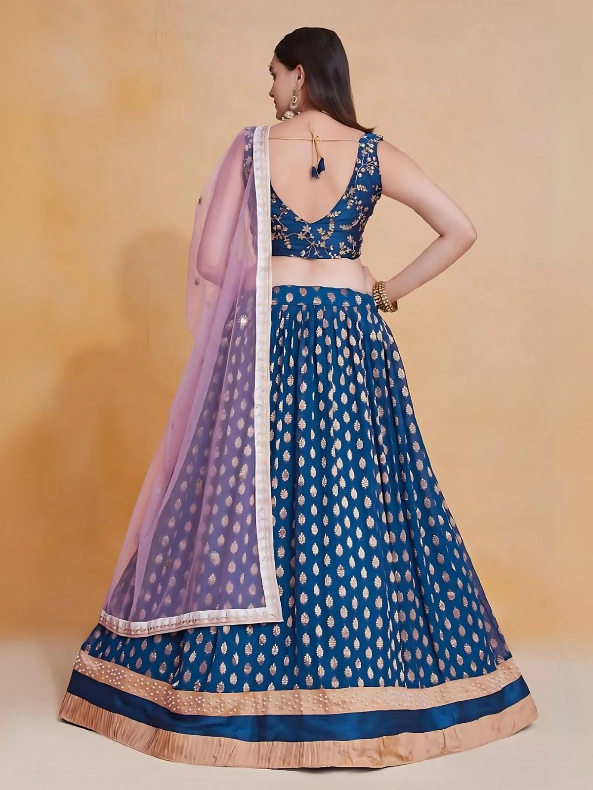 Odette Blue Silk Blend Embroidered Semi-Stitched Lehenga For Women - Image 2