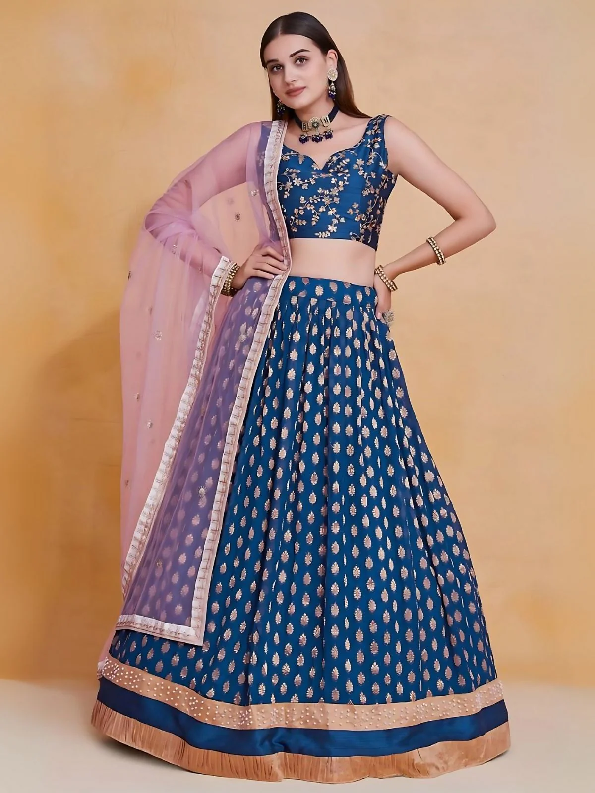 Odette Blue Silk Blend Embroidered Semi-Stitched Lehenga For Women - Image 5