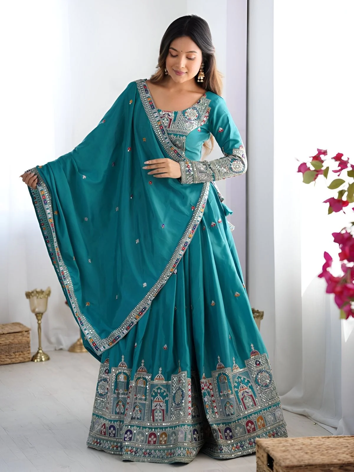 Odette Blue Silk Blend Embroidered Semi-Stitched lehenga For Women - Image 2