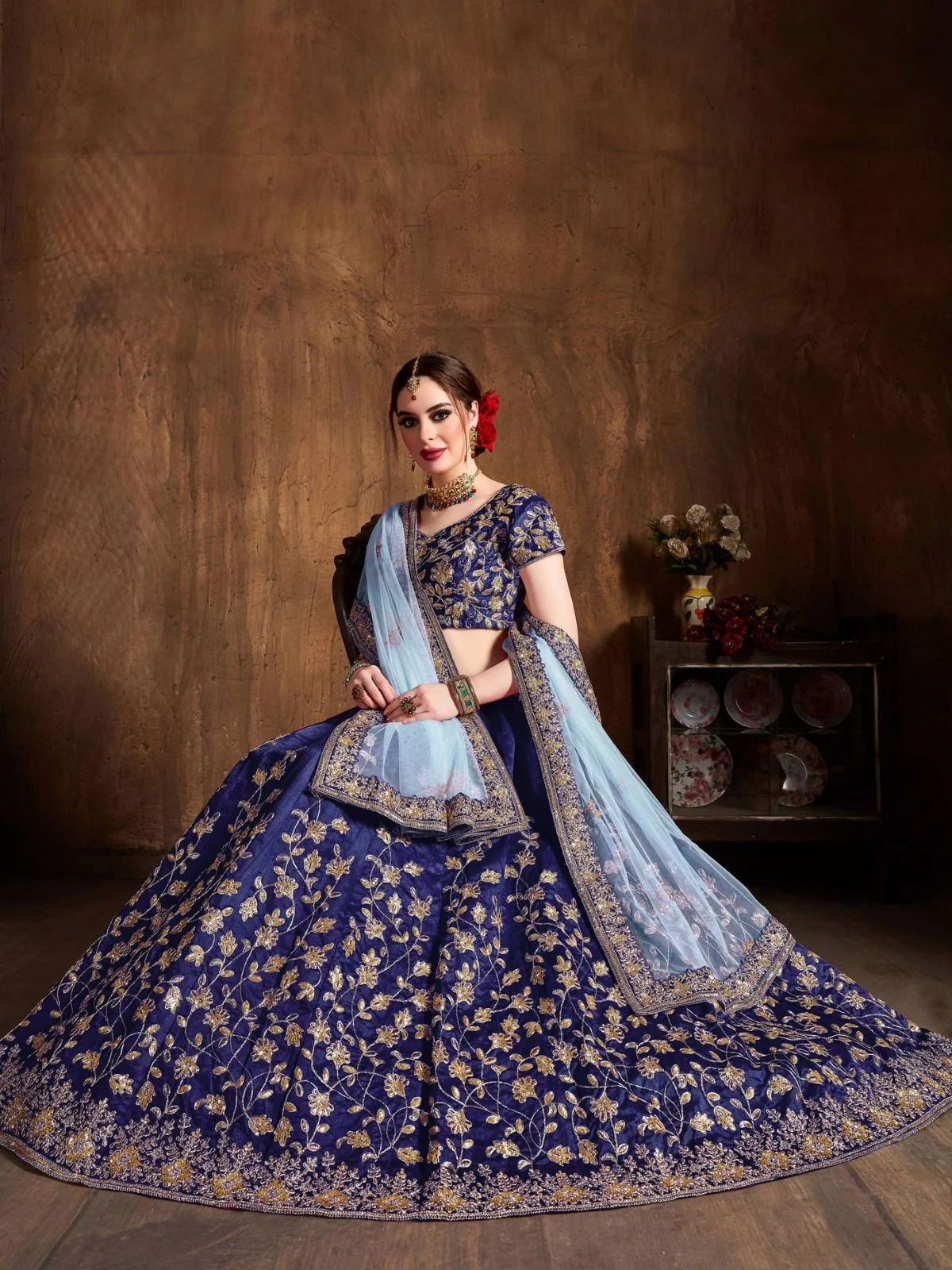 Odette Blue Silk Blend Embroidered Semi Stitched Lehenga With Blouse For Women - Image 4