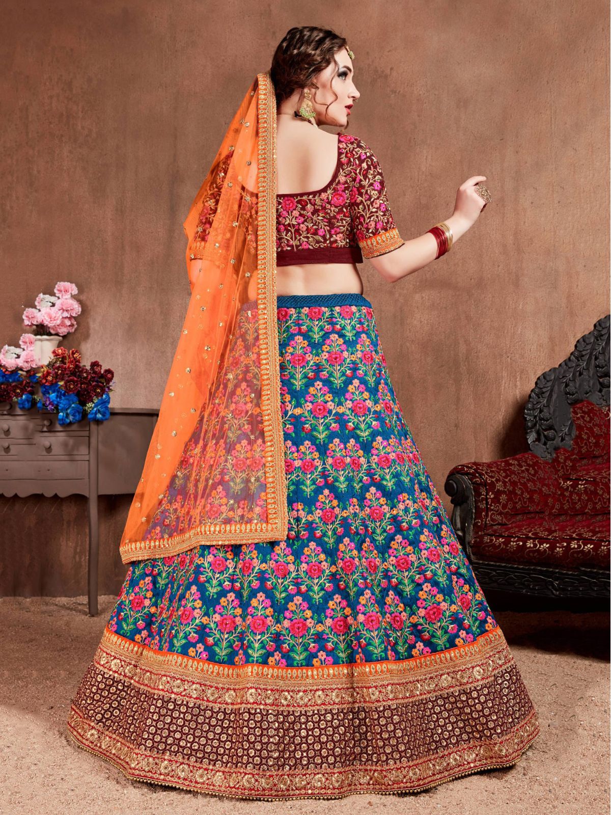 Odette Blue Silk Blend Embroidered Semi Stitched Lehenga With Blouse For Women - Image 3