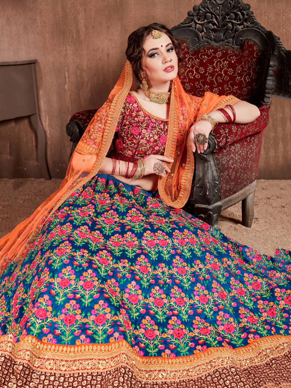 Odette Blue Silk Blend Embroidered Semi Stitched Lehenga With Blouse For Women - Image 4
