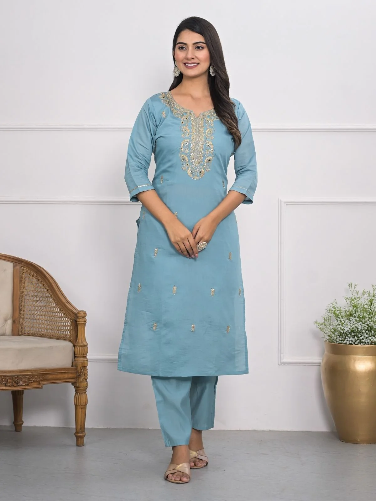 Odette Blue Silk Blend Embroidered Stitched Kurta Set For Women - Image 2