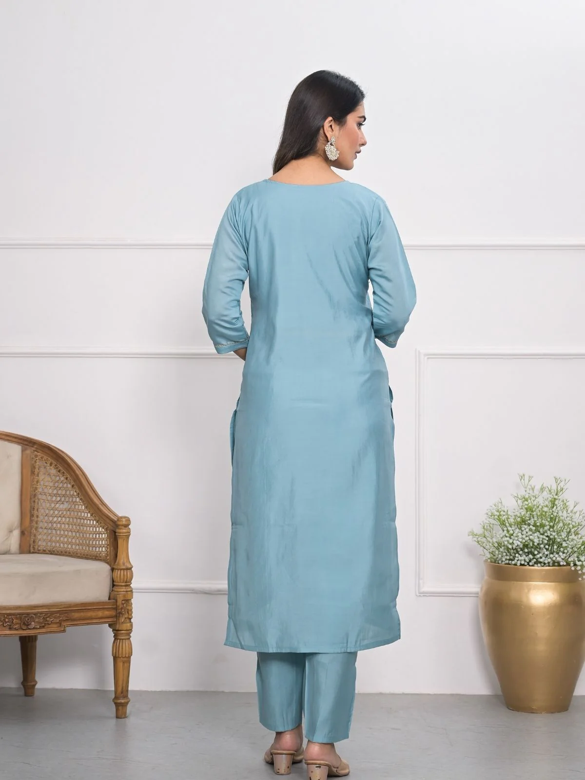 Odette Blue Silk Blend Embroidered Stitched Kurta Set For Women - Image 5