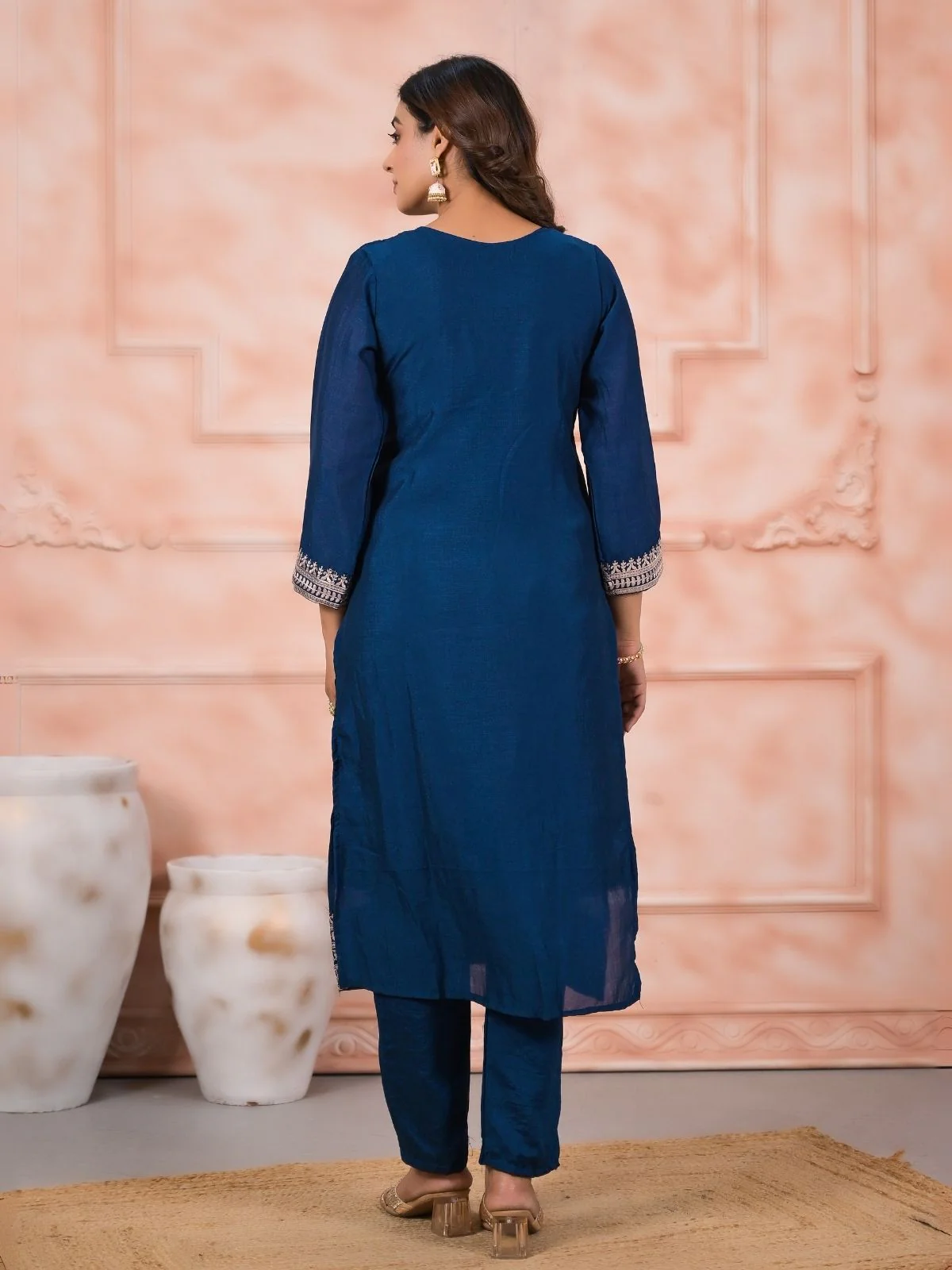 Odette Blue Silk Blend Embroidered Stitched Kurta Set For Women - Image 4