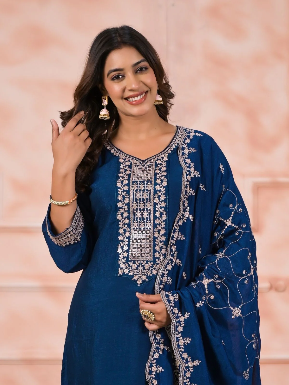 Odette Blue Silk Blend Embroidered Stitched Kurta Set For Women - Image 5