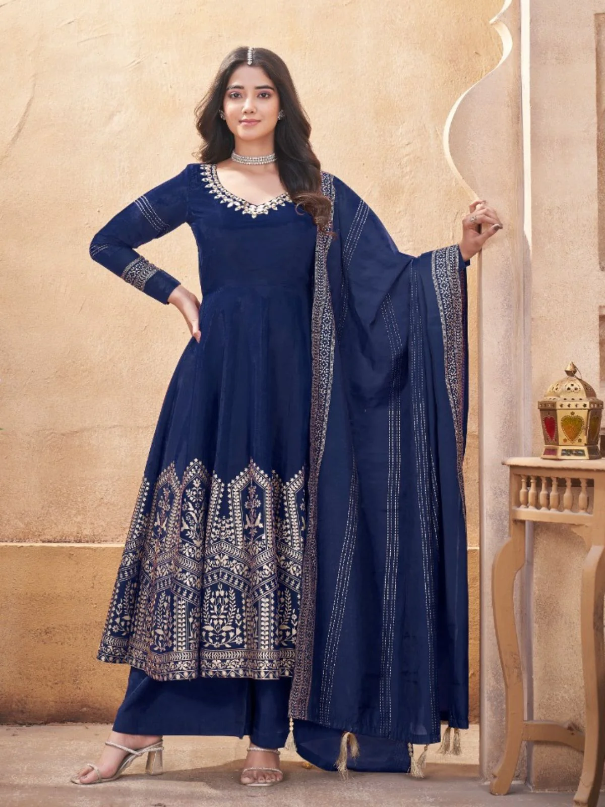 Odette Blue Silk Blend Embroidered Stitched Kurta Set For Women - Image 2