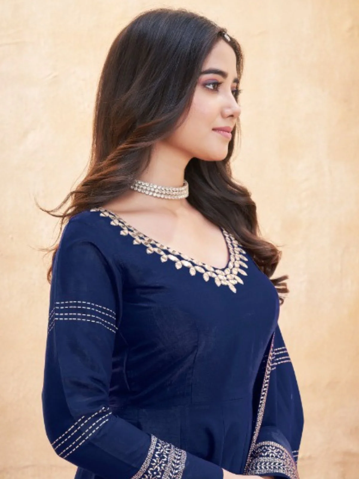 Odette Blue Silk Blend Embroidered Stitched Kurta Set For Women - Image 3